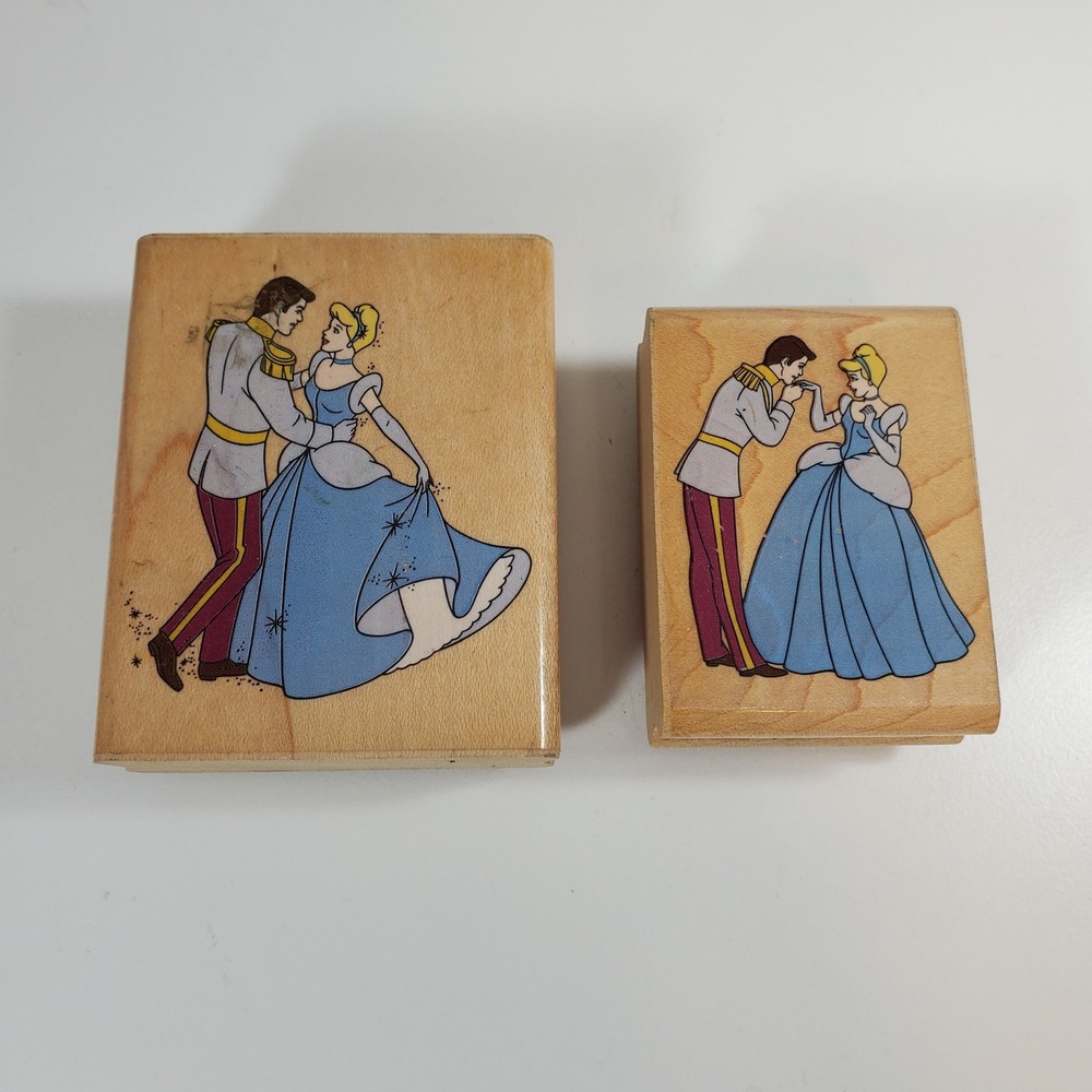 2 Disney Cinderella Wooden Rubber Stamps Used Magic Dance + Love at First Sight